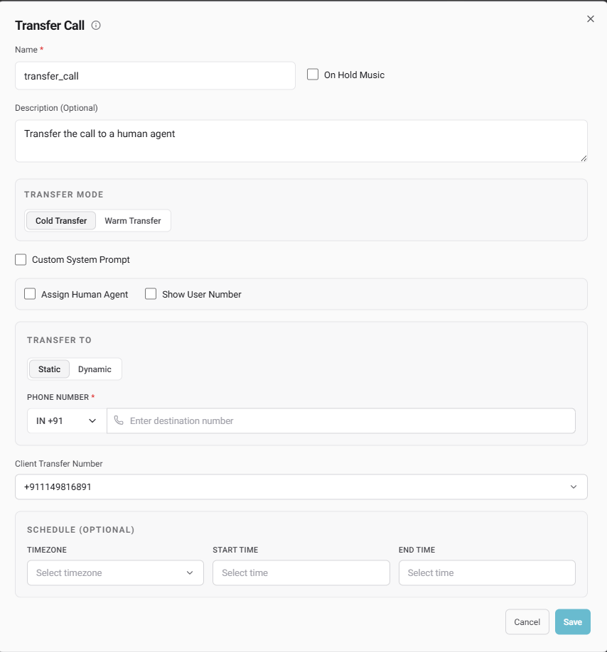 Transfer Call settings showing Static and Dynamic options