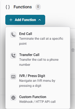 Functions dropdown showing End Call, Transfer Call, IVR, and Custom Function