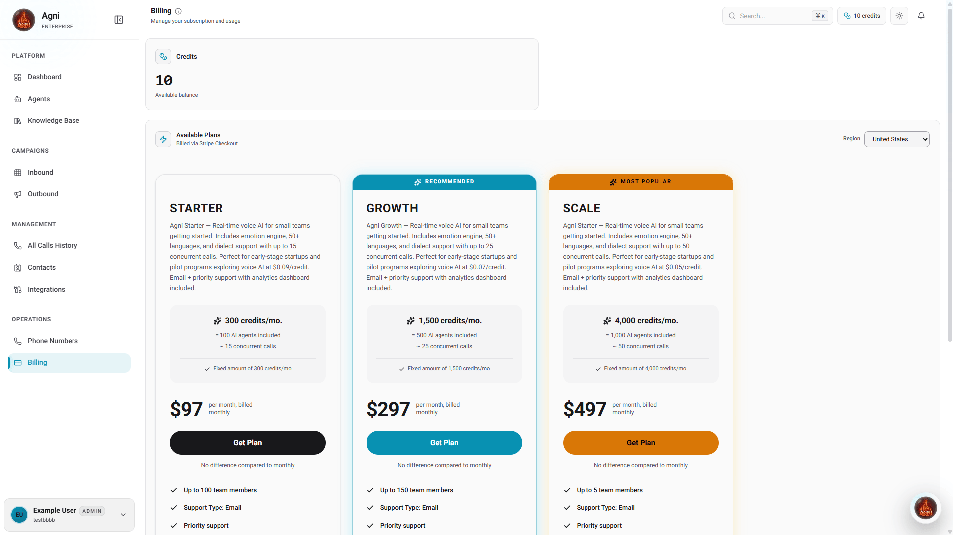 Agni Billing Dashboard showing Available Plans and Credits