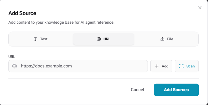 Add Source modal showing Text, URL, and File tabs with URL tab selected