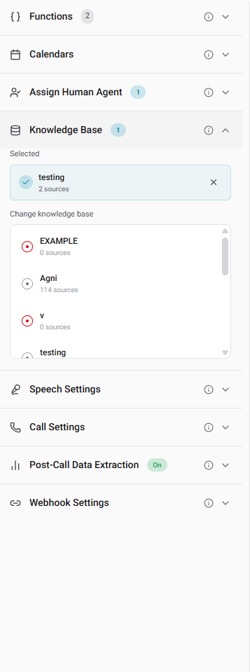 Agent builder Knowledge Base section showing a knowledge base selected with 1 source