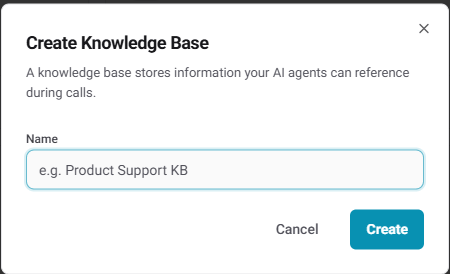 Create Knowledge Base modal with Name field and Auto Refresh toggle