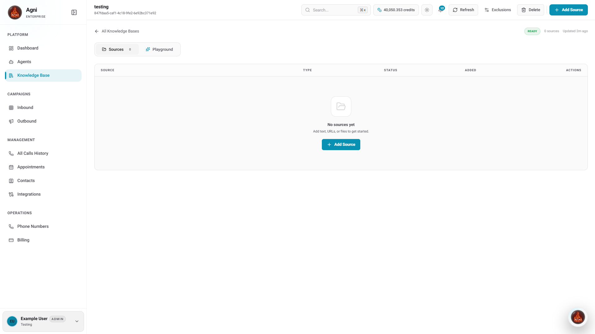 Knowledge base detail page with no sources and Add Source button