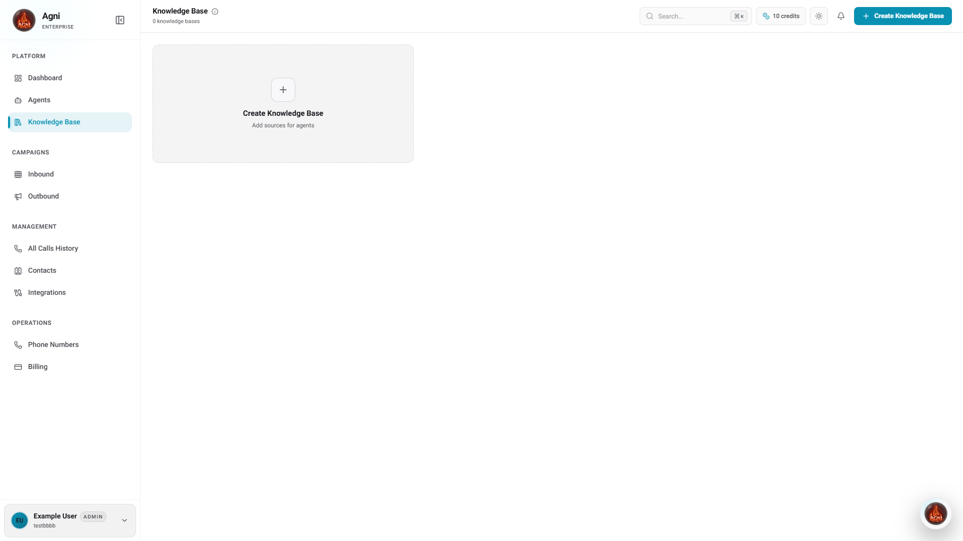 Knowledge Base page with no knowledge bases and Create Knowledge Base button