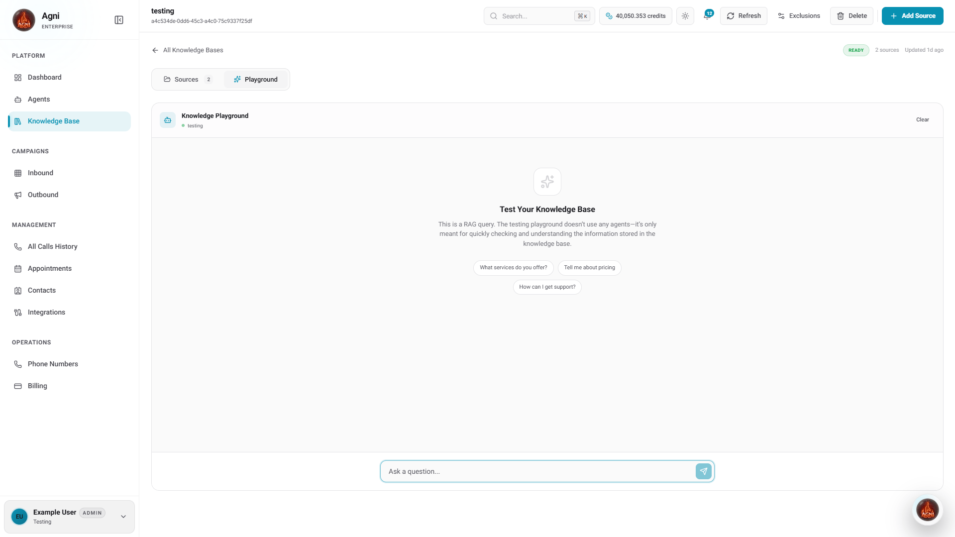 Knowledge Playground tab showing test question prompts and a chat input field