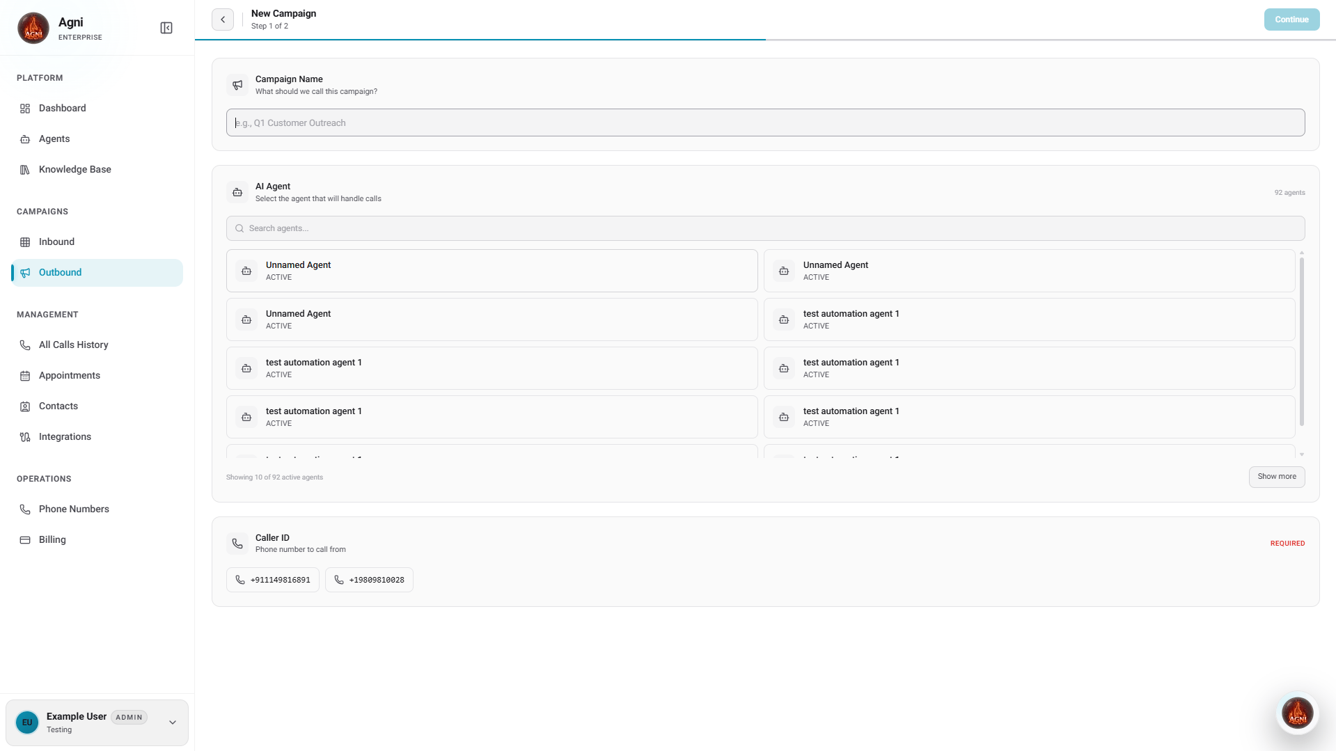 New Campaign step 1 — enter campaign name, select AI agent, and choose Caller ID