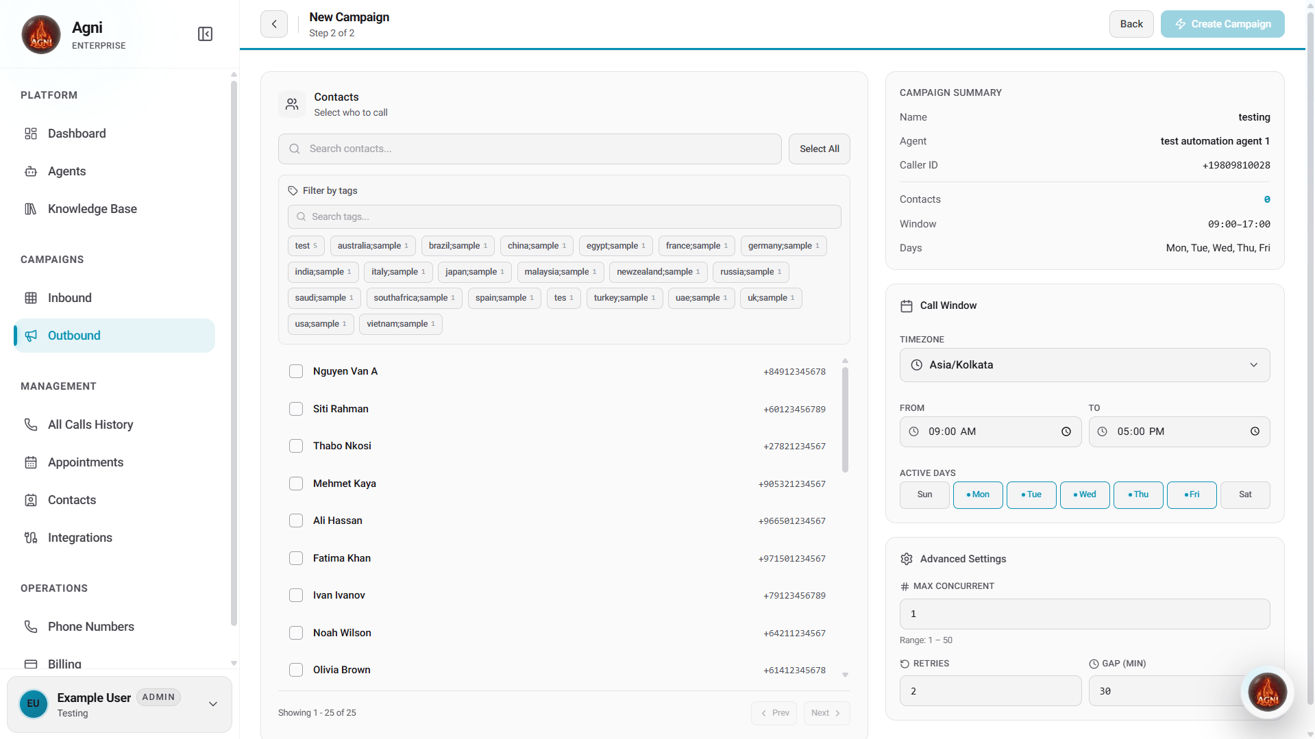 New Campaign step 2 — select contacts and configure call window