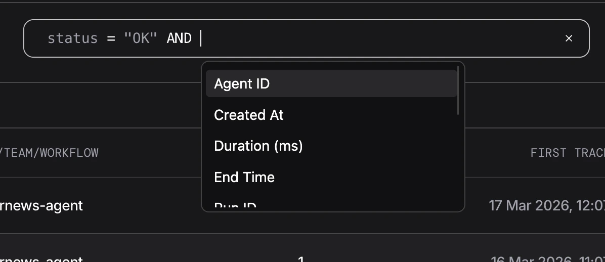 Filter bar showing autocomplete suggestions