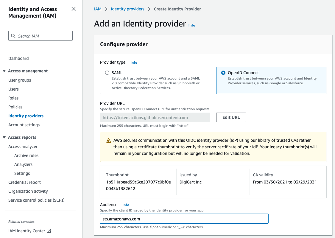 AWS IAM OIDC Provider configuration