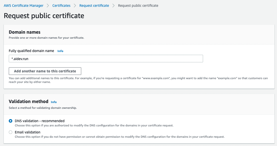 AWS ACM request certificate