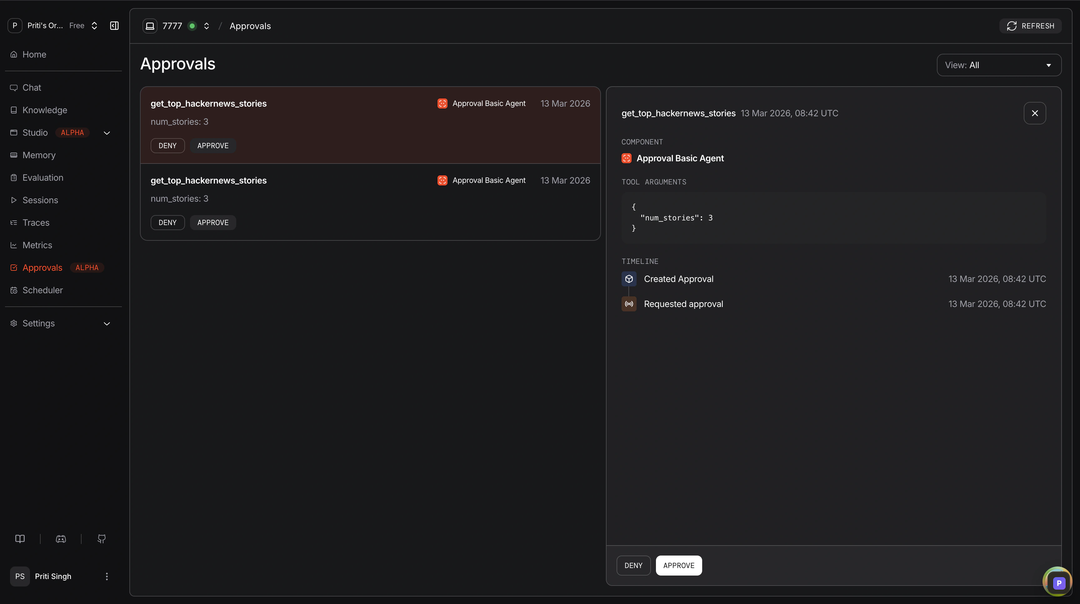Approvals list in AgentOS Control Panel