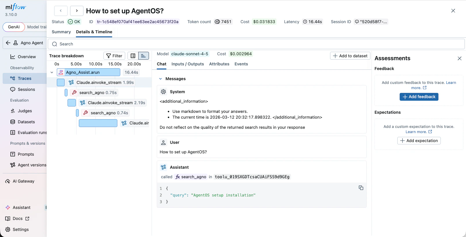 Agno traces in MLflow