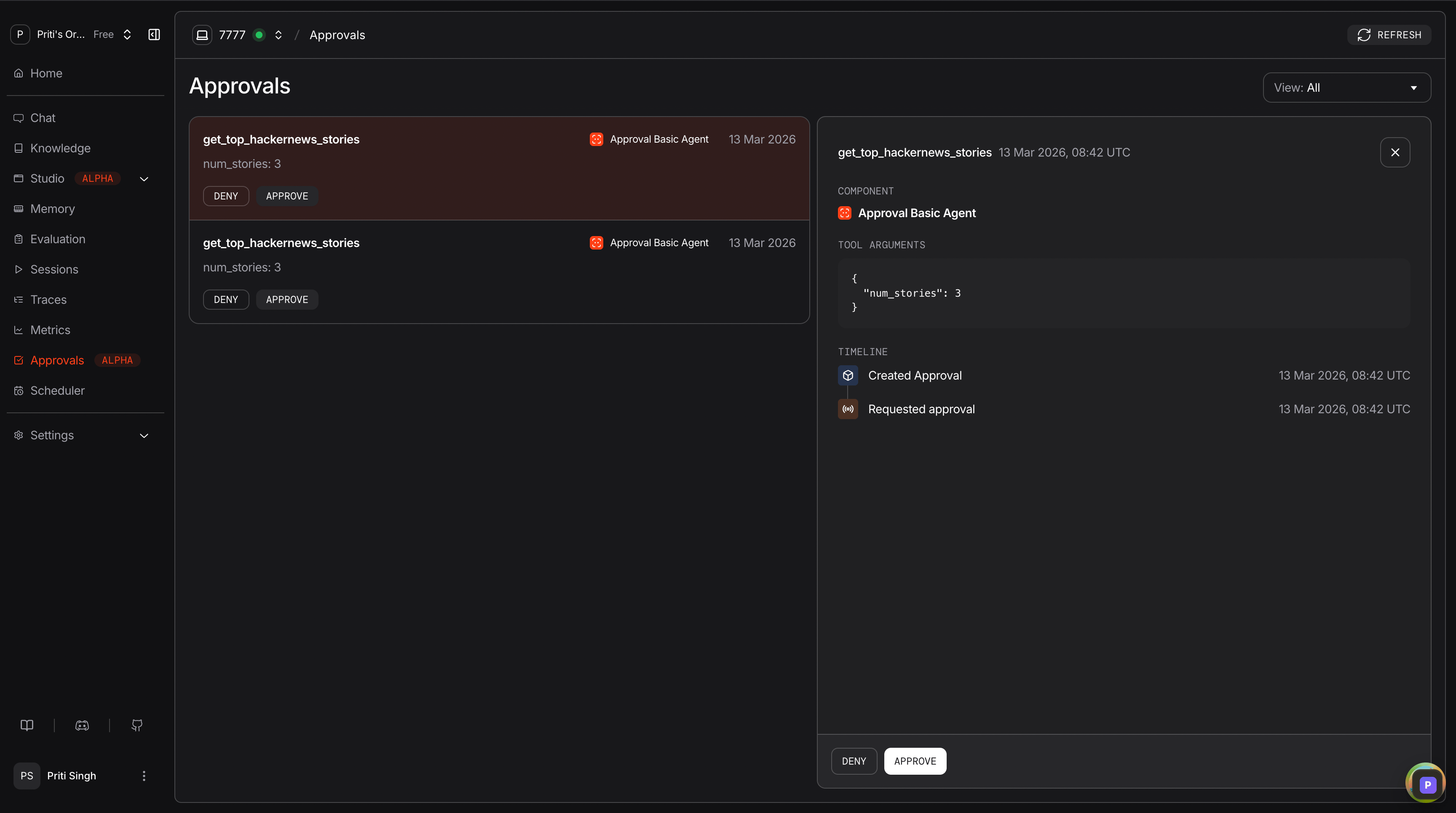 Approvals list in AgentOS Control Plane