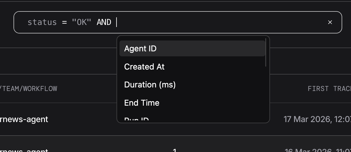 Filter bar showing autocomplete suggestions