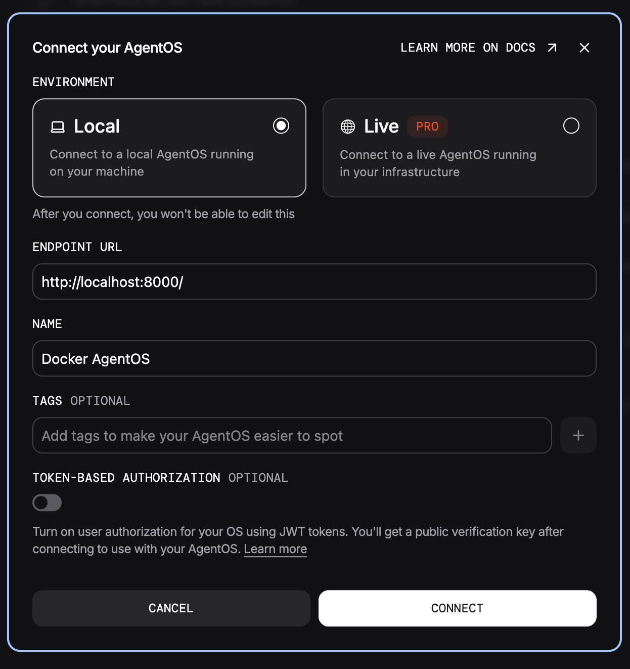 AgentOS connection dialog