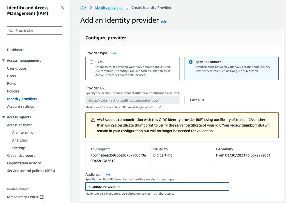 AWS IAM OIDC Provider configuration