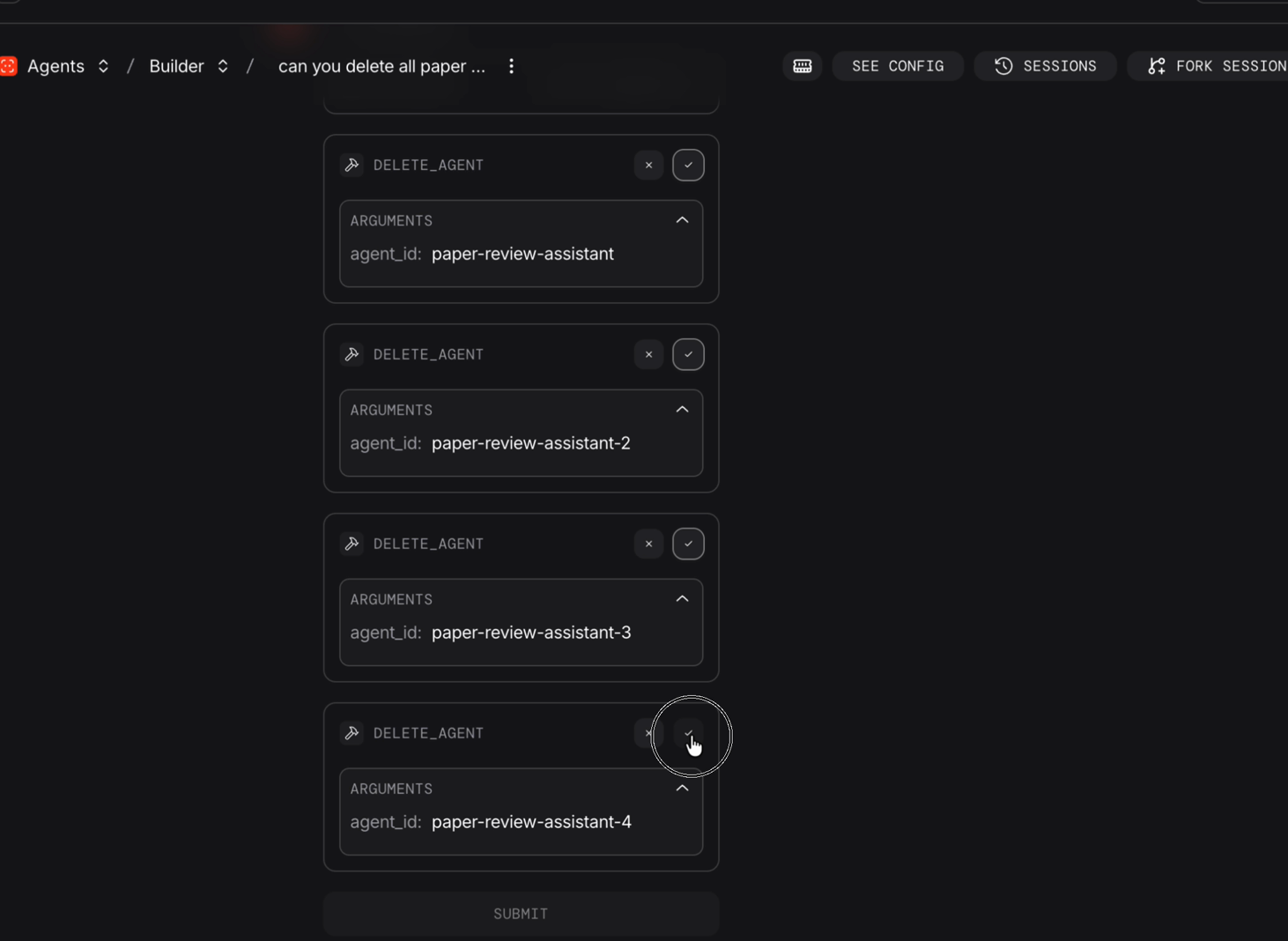 Chat UI showing Studio tool calls waiting for confirmation before deleting agents