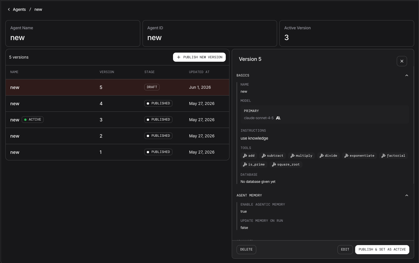 Versions page in Studio