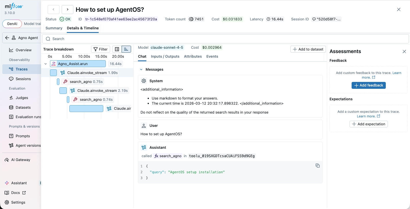 Agno traces in MLflow