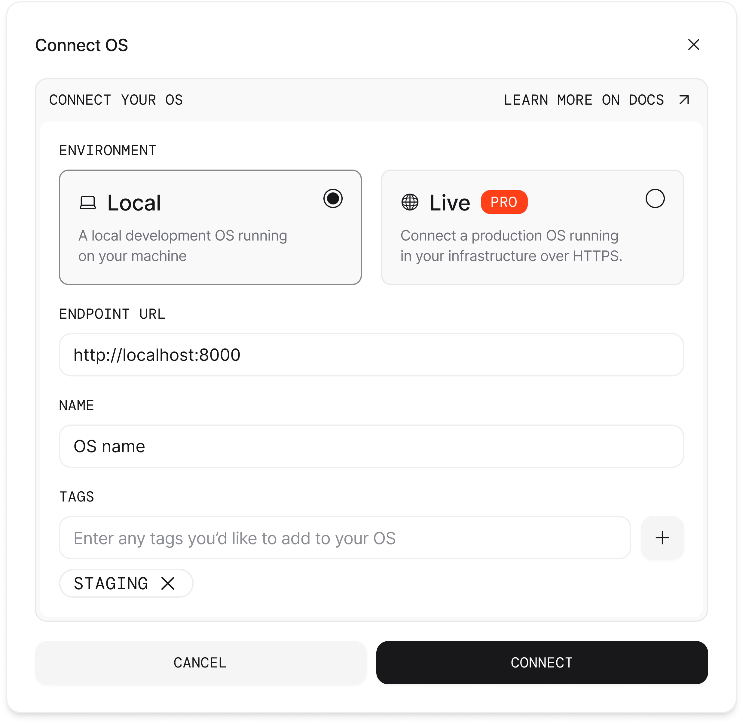 AgentOS connection dialog