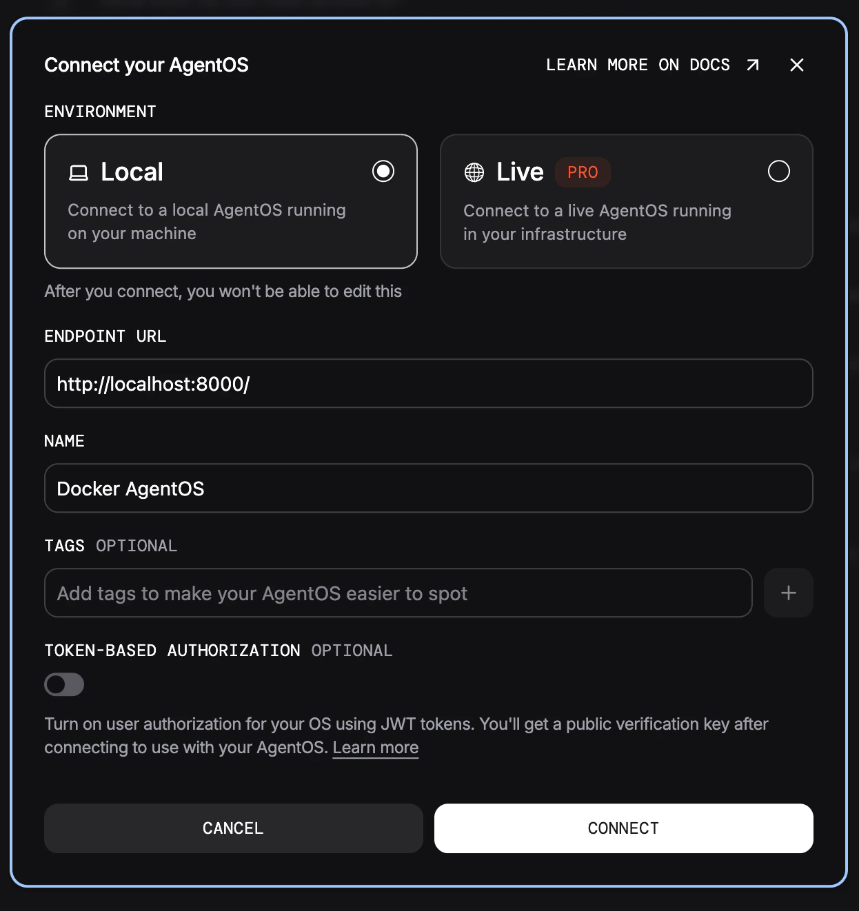 AgentOS connection dialog