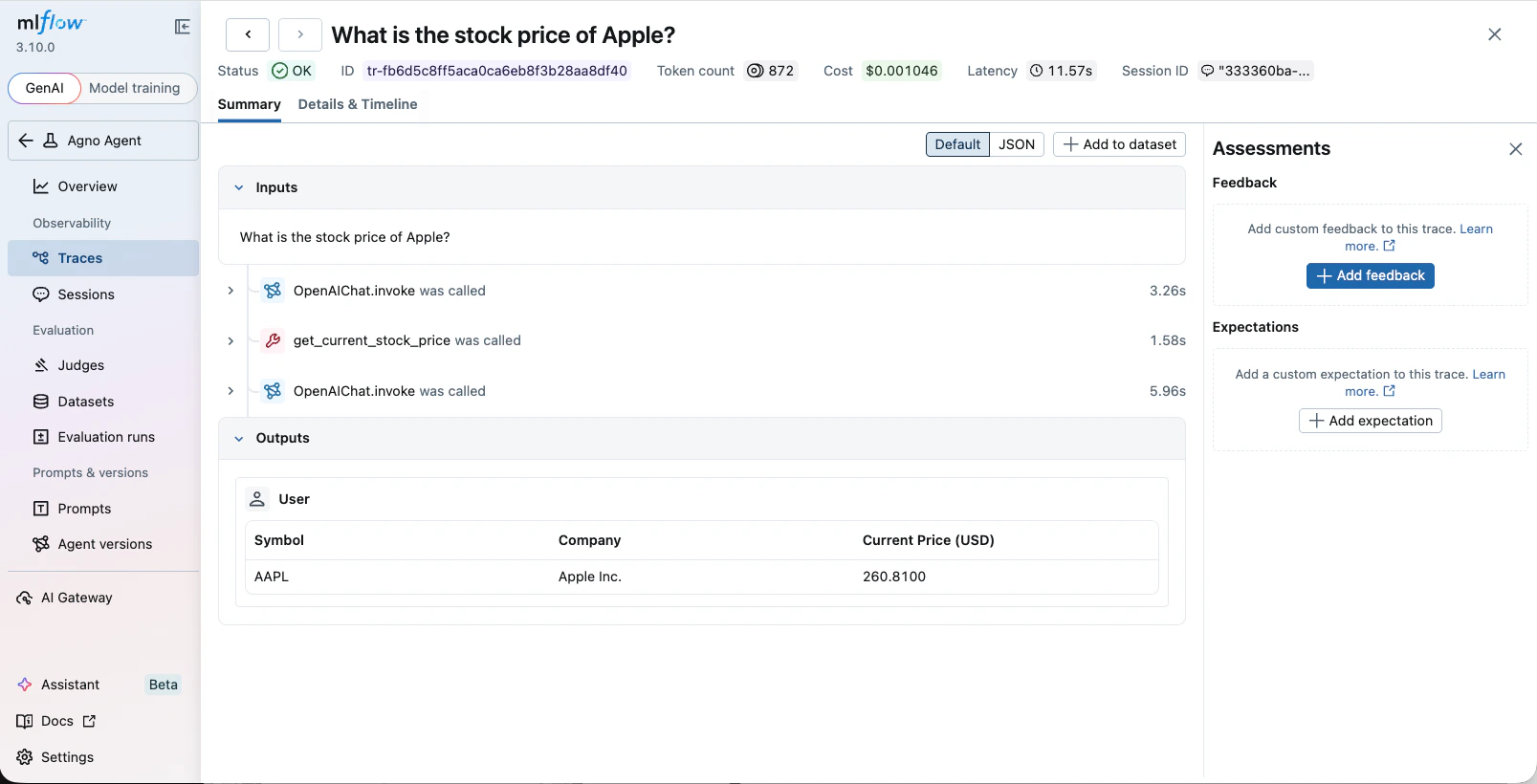 Agno traces in MLflow