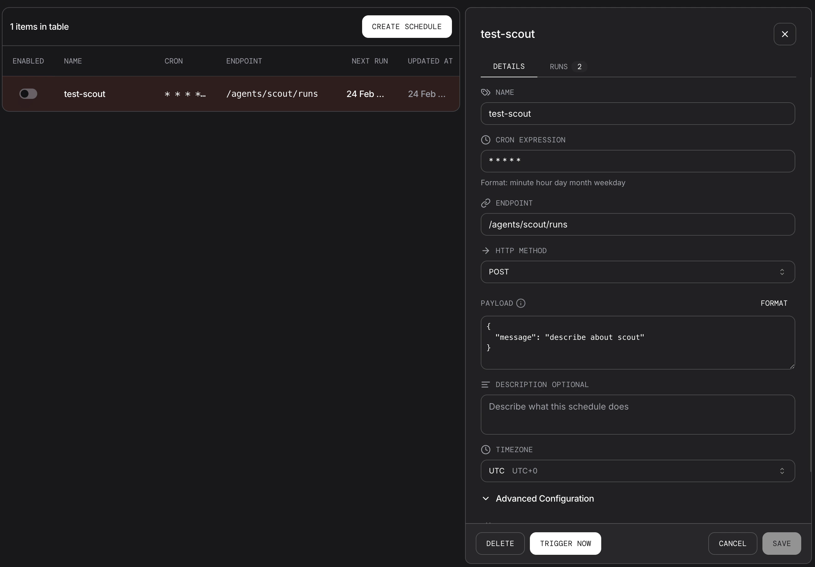 Schedule detail panel with configuration