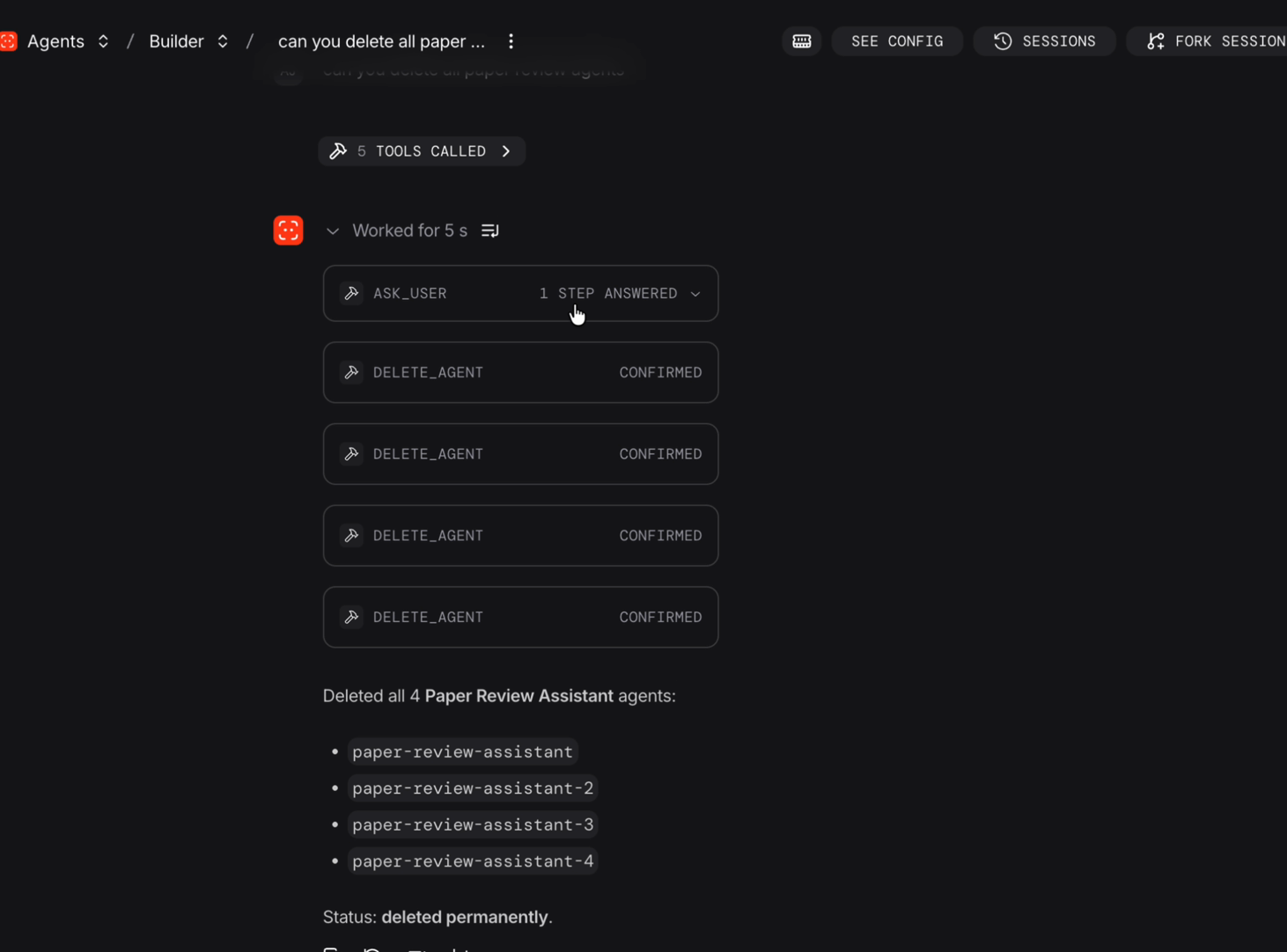 Chat UI showing confirmed Studio tool calls and the final result