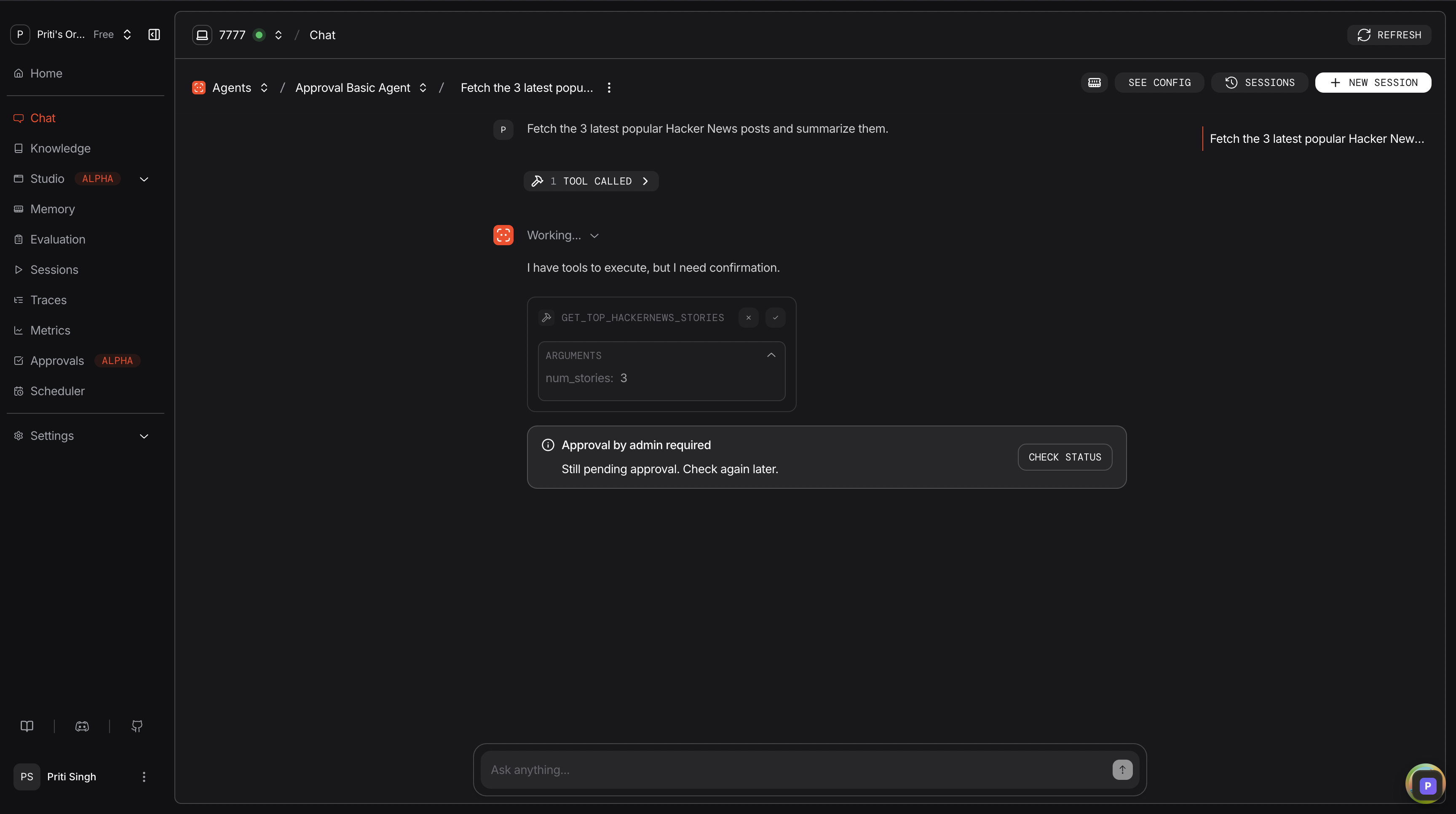 Approval required in agent chat