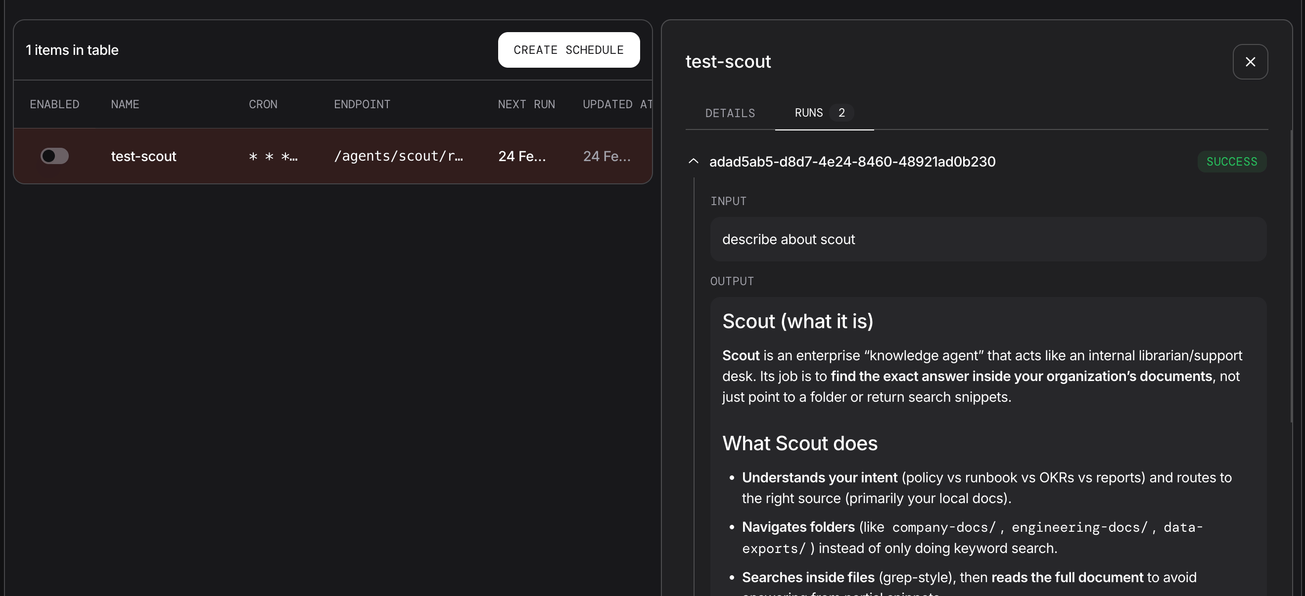 Schedule list with run history panel