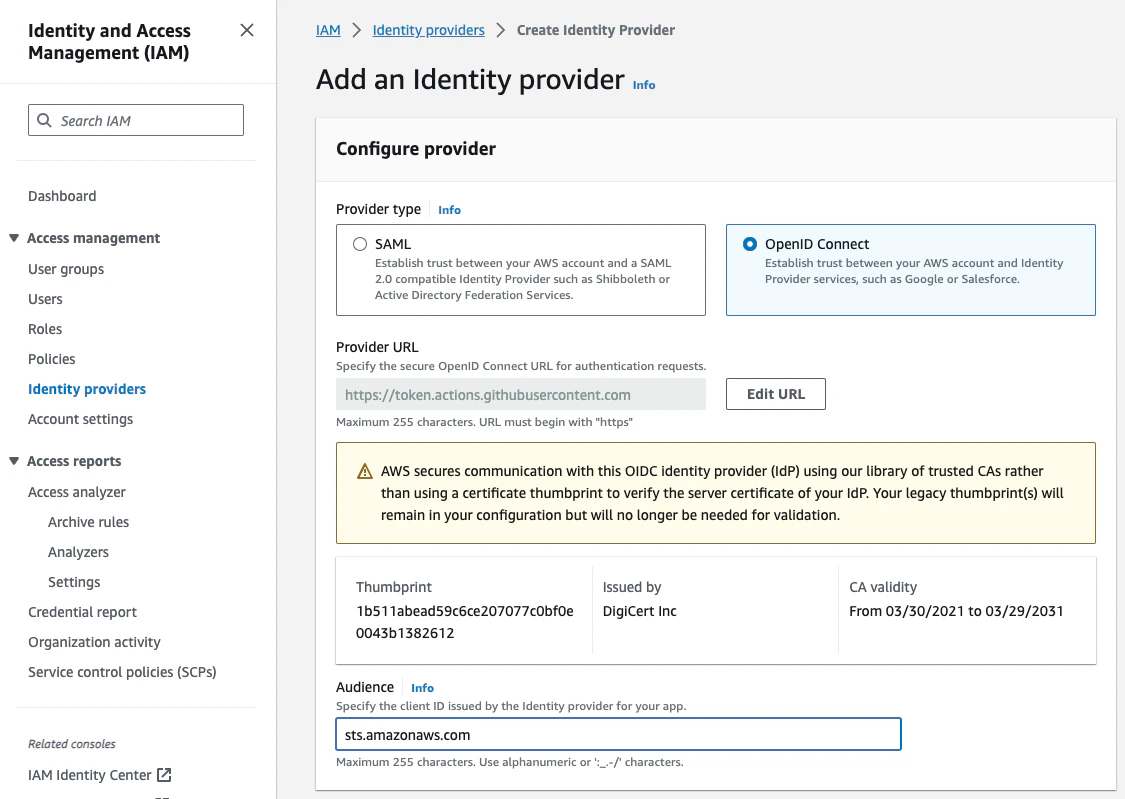 AWS IAM OIDC Provider configuration