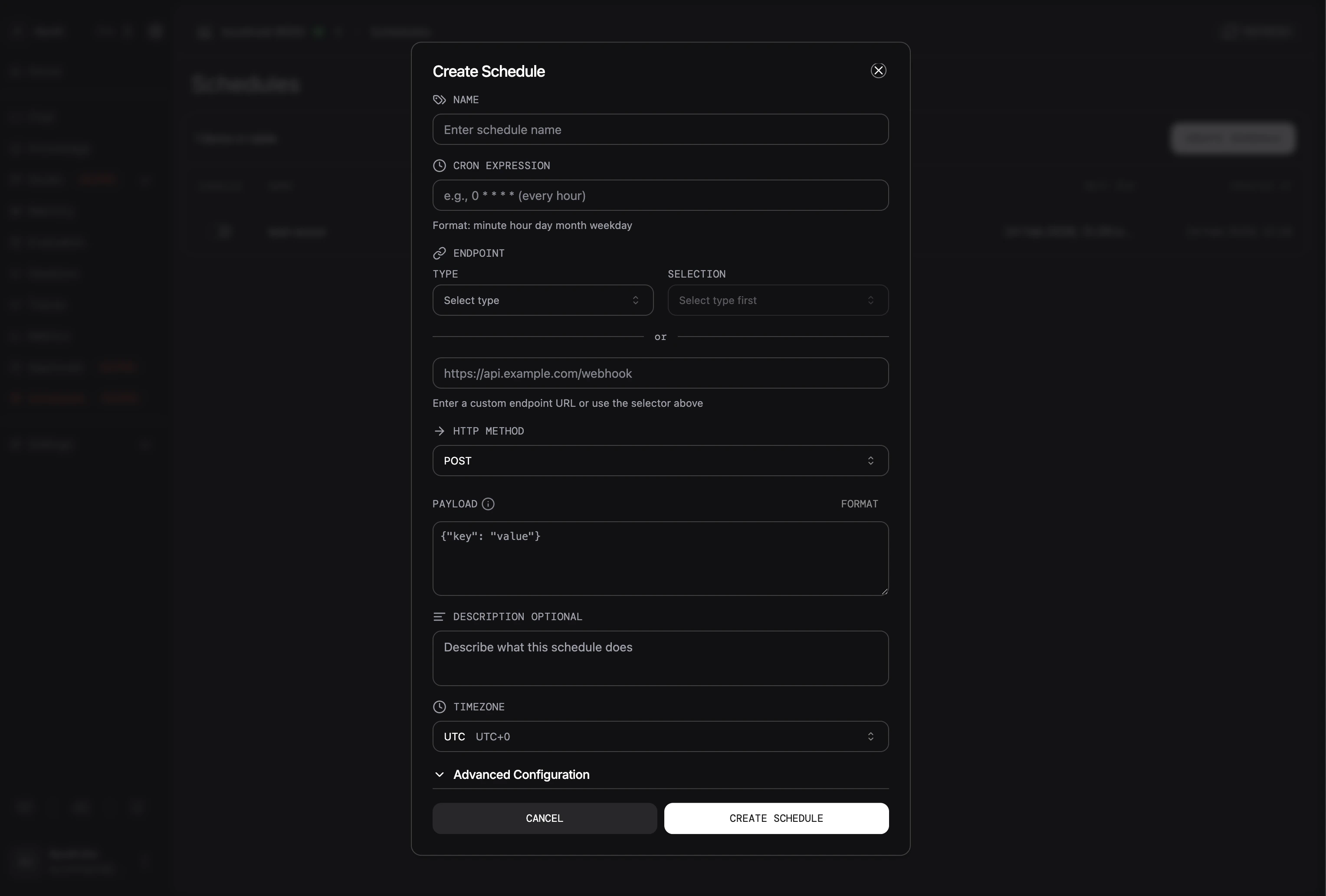 Create Schedule dialog in AgentOS