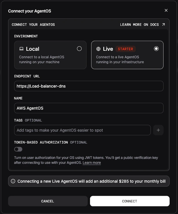 AgentOS connection dialog