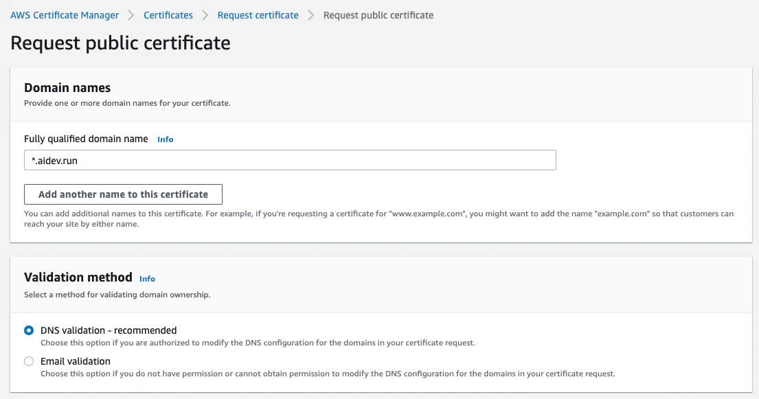 AWS ACM request certificate