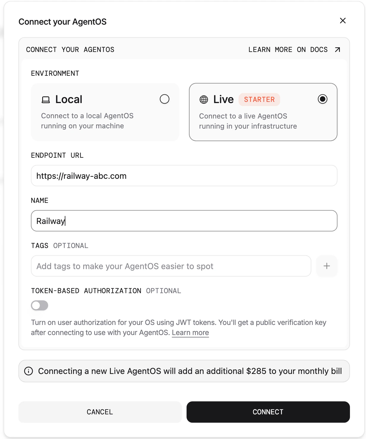 AgentOS connection dialog