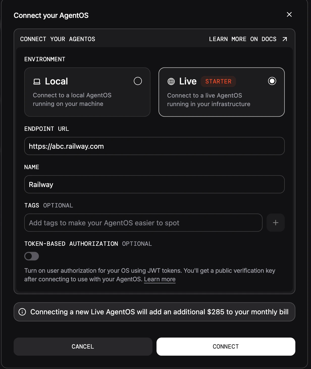 AgentOS connection dialog