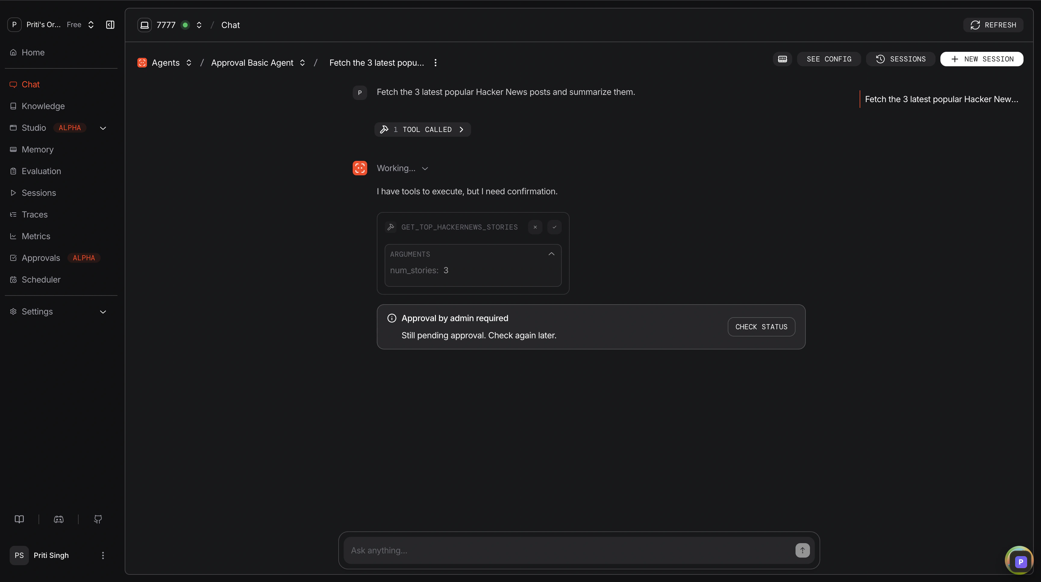 Approval required in agent chat