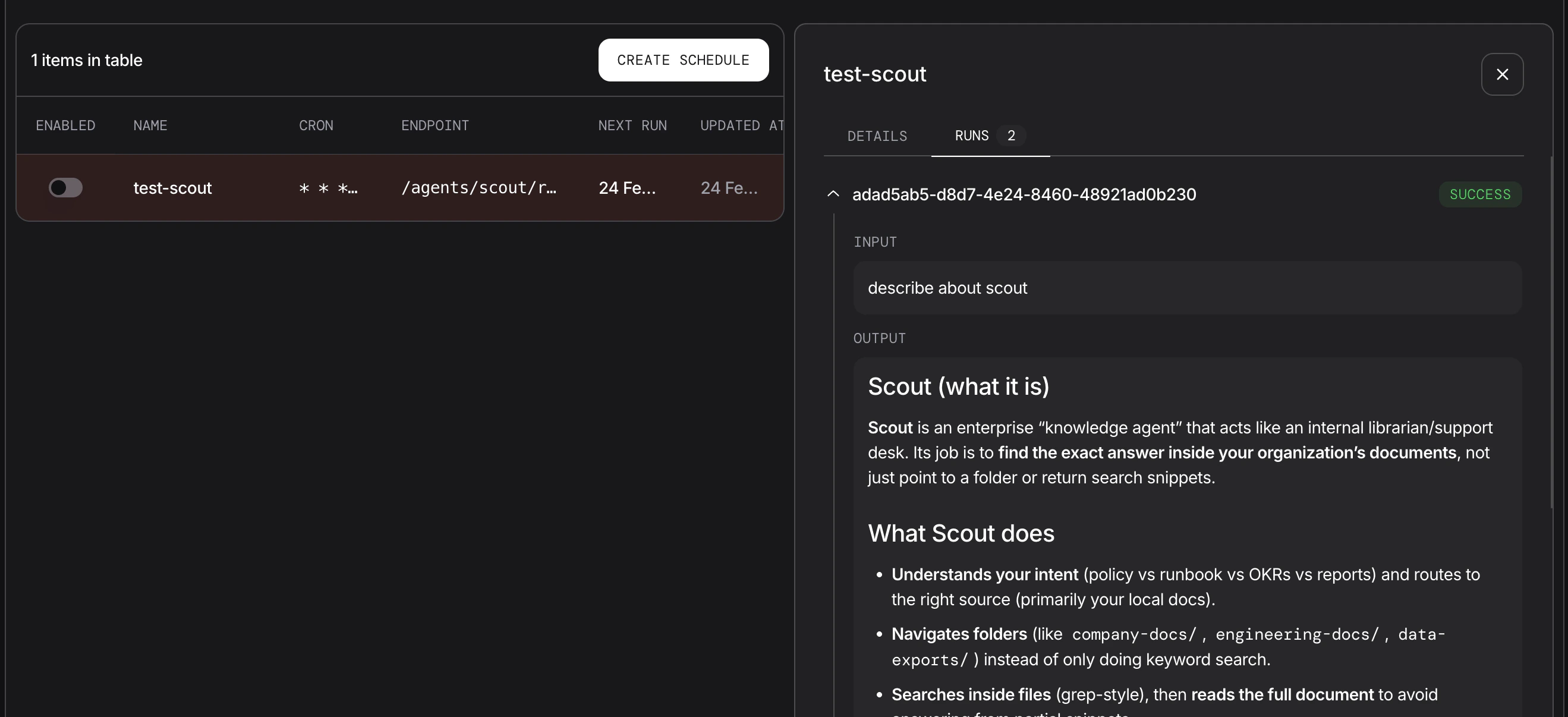 Schedule list with run history panel