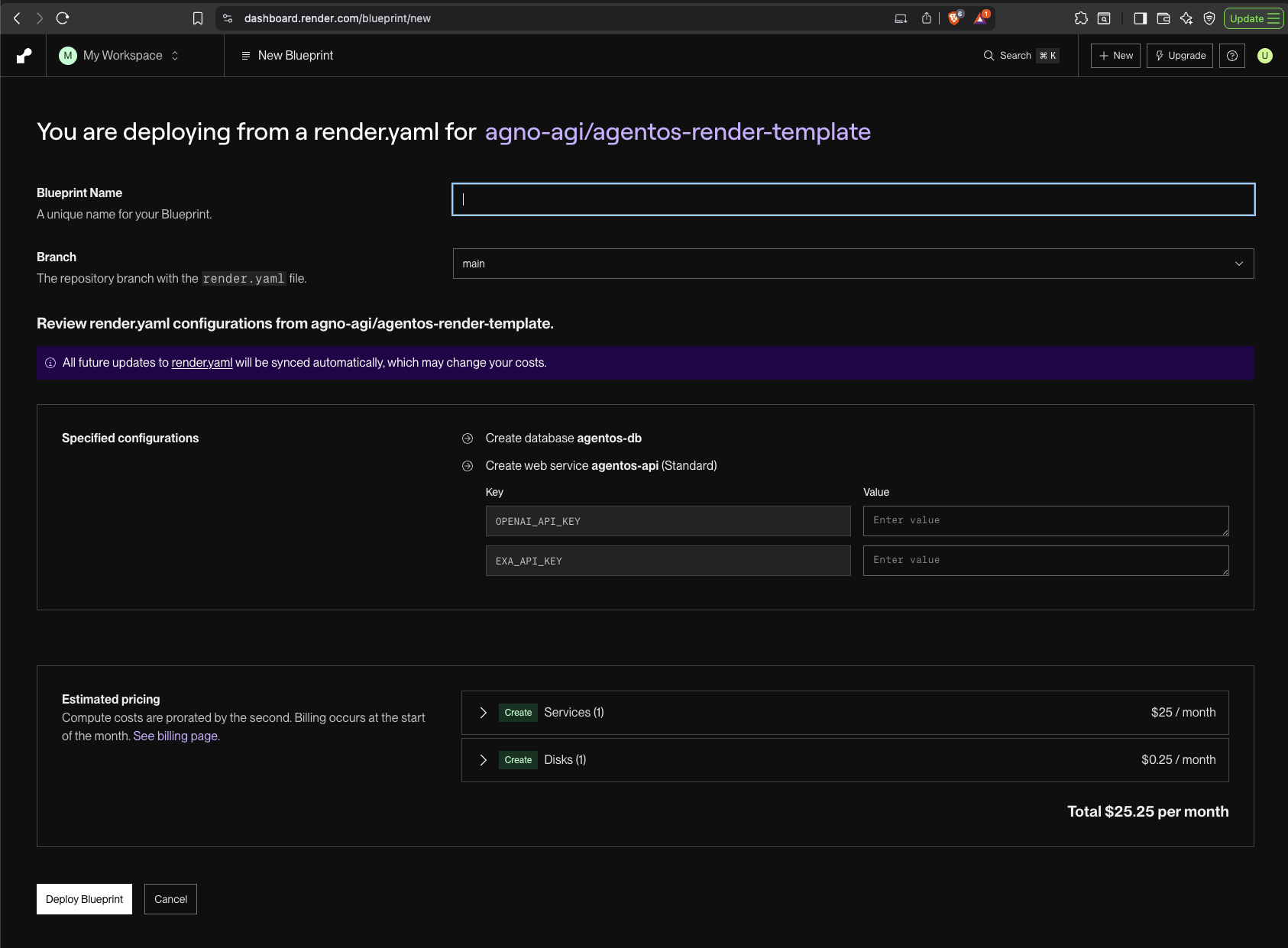 Configure environment variables on Render