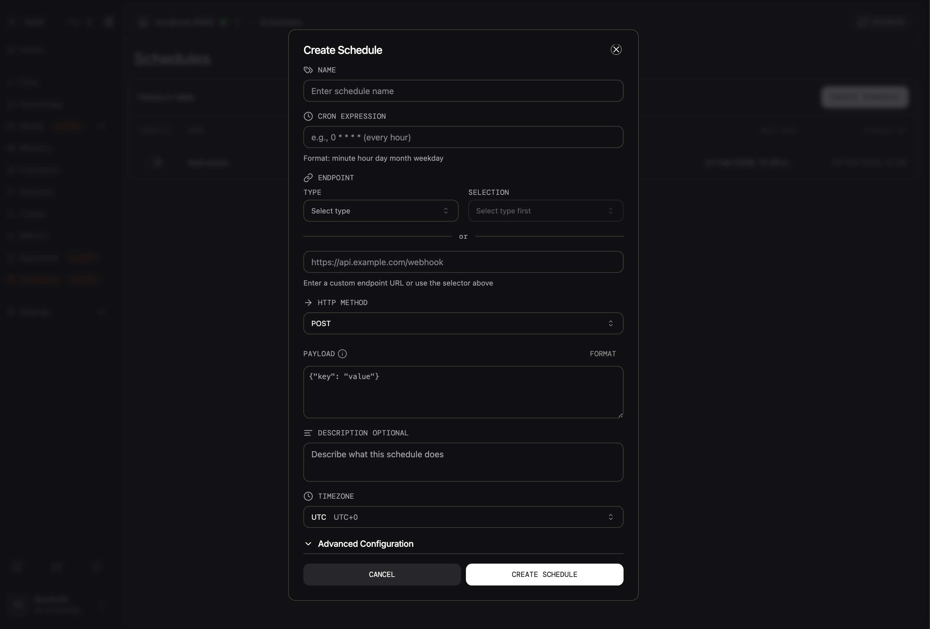 Create Schedule dialog in AgentOS