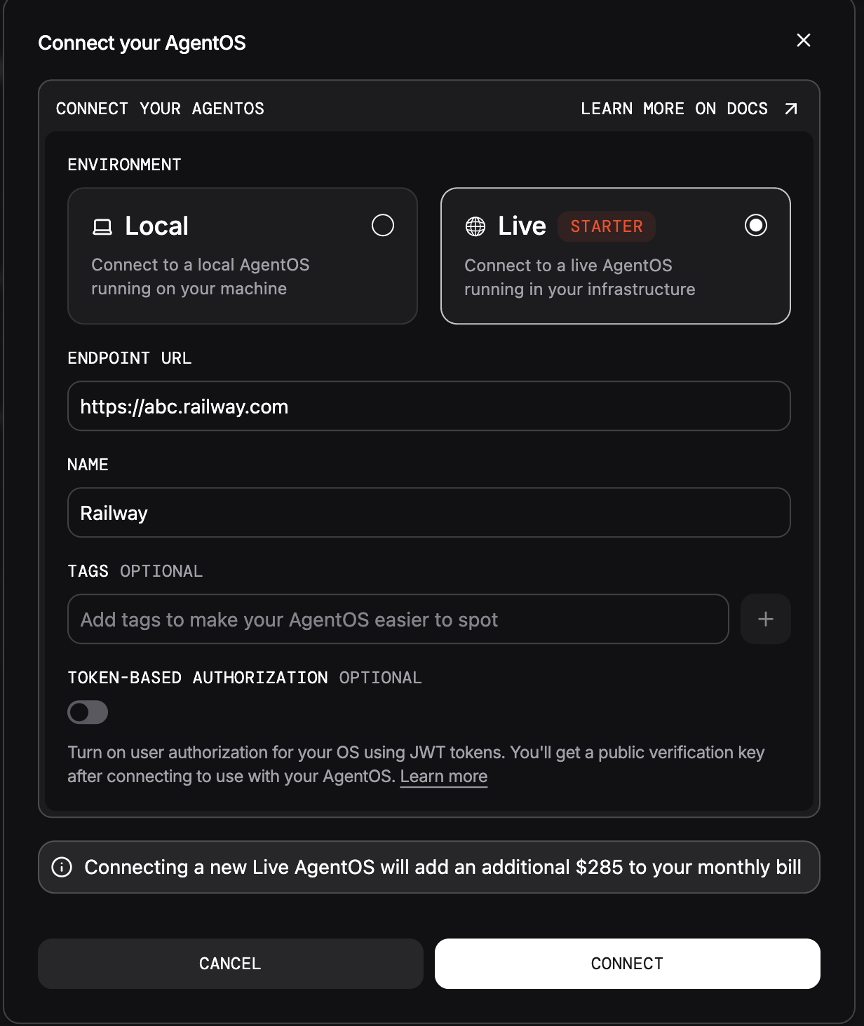 AgentOS connection dialog