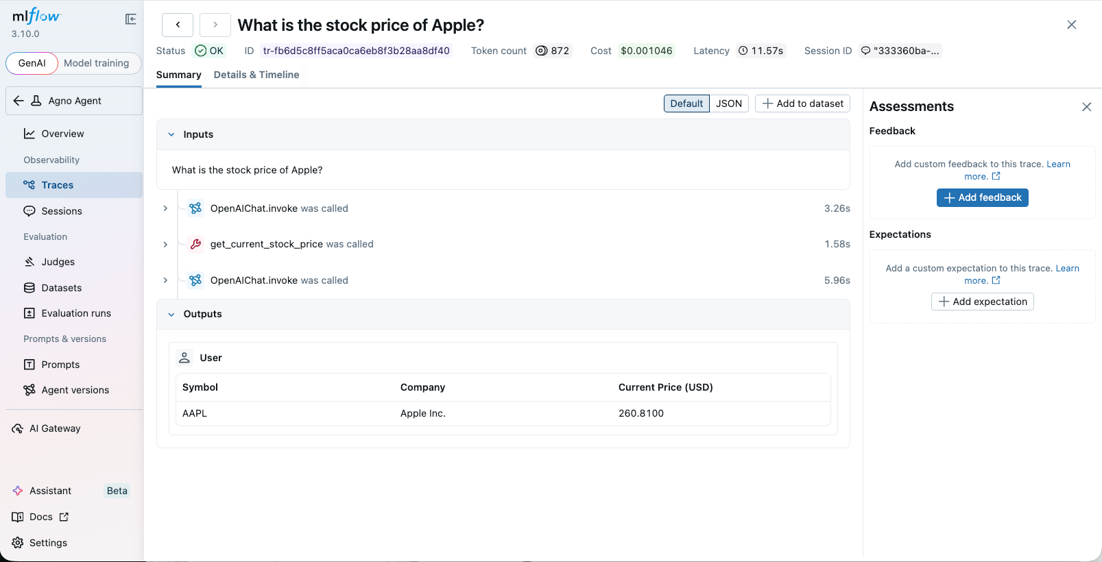 Agno traces in MLflow