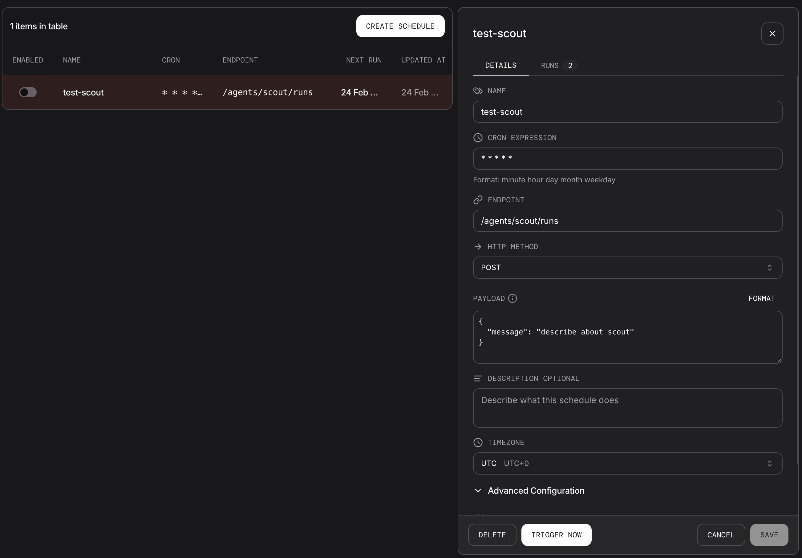 Schedule detail panel with configuration