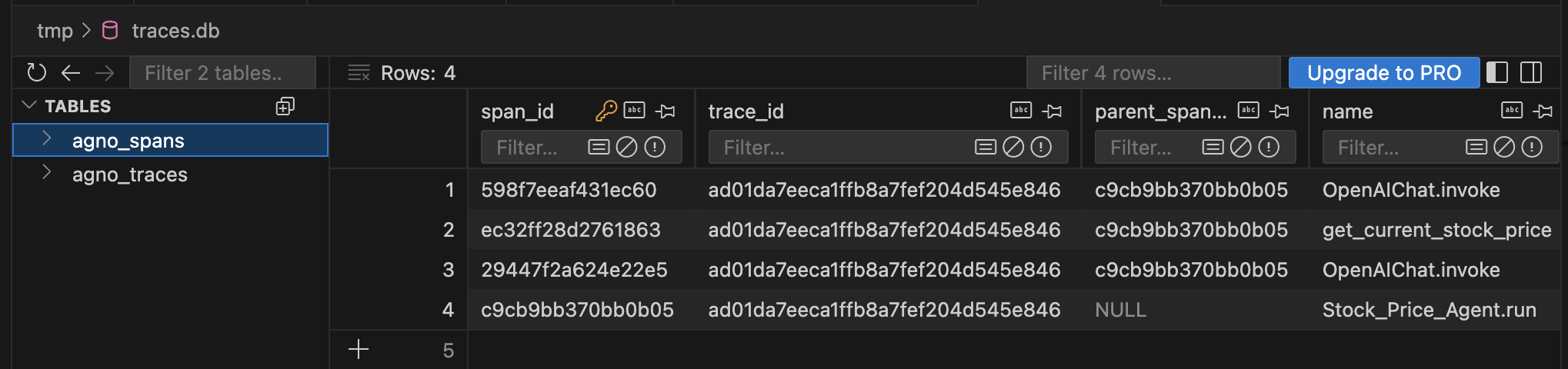 Database view showing agno_spans table with trace data including span_id, trace_id, parent_span_id, and operation names