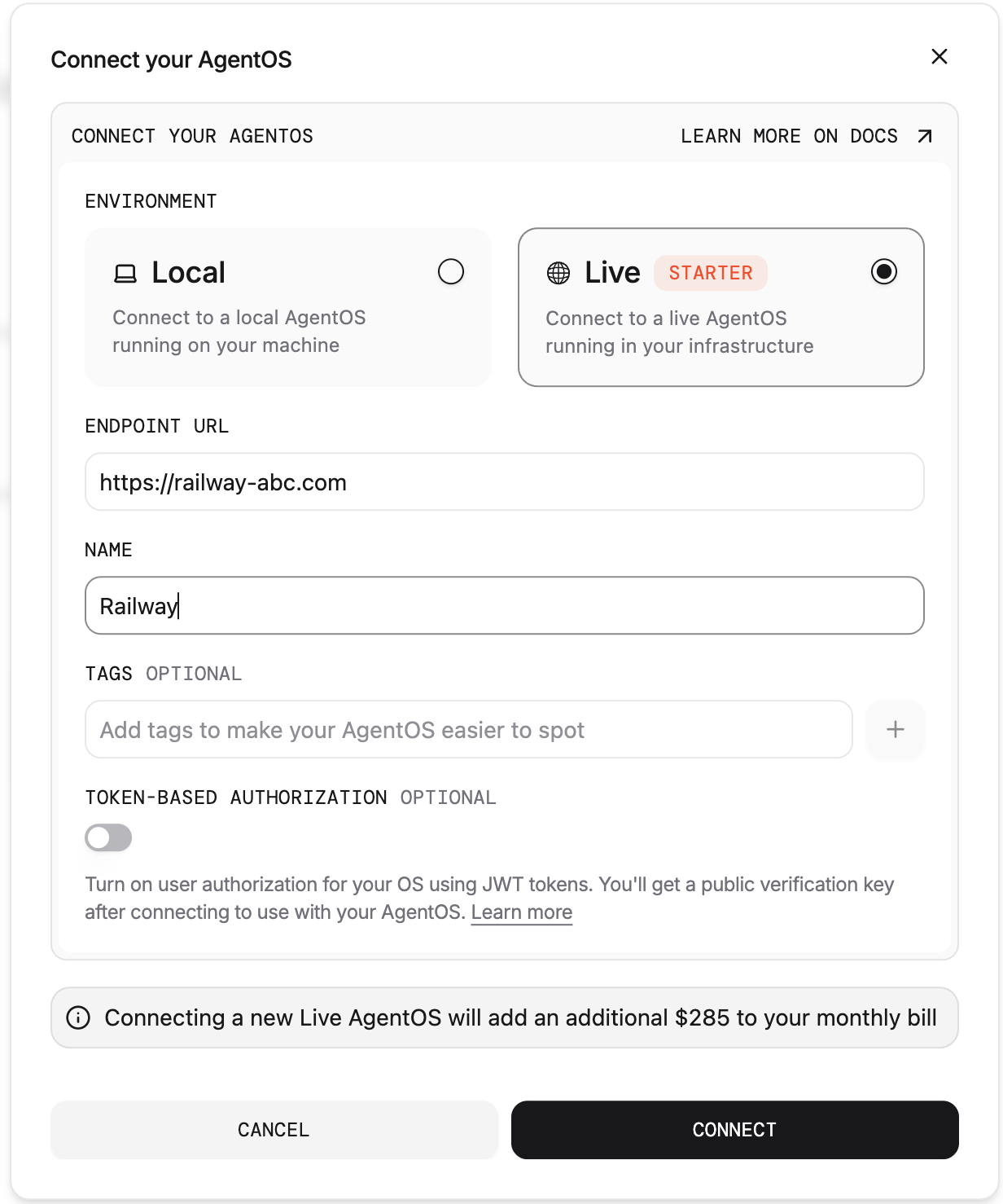 AgentOS connection dialog