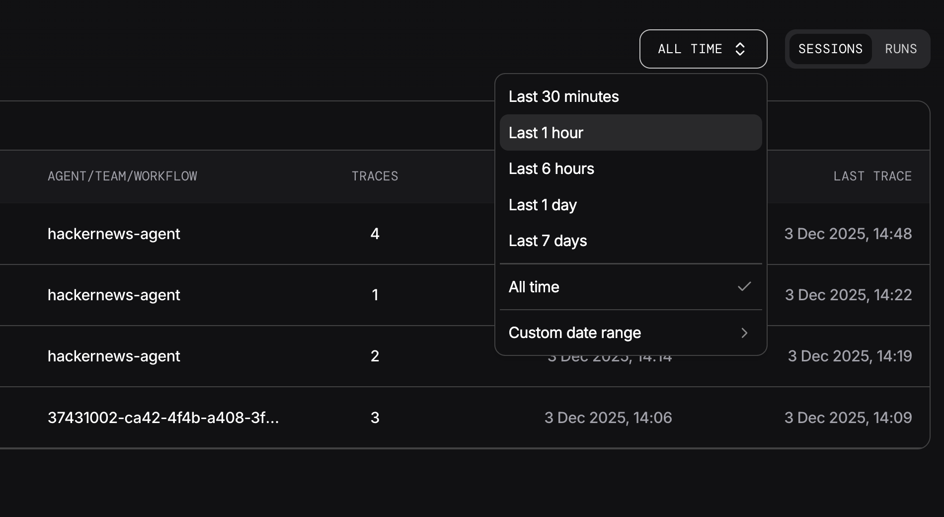 Traces date filter options