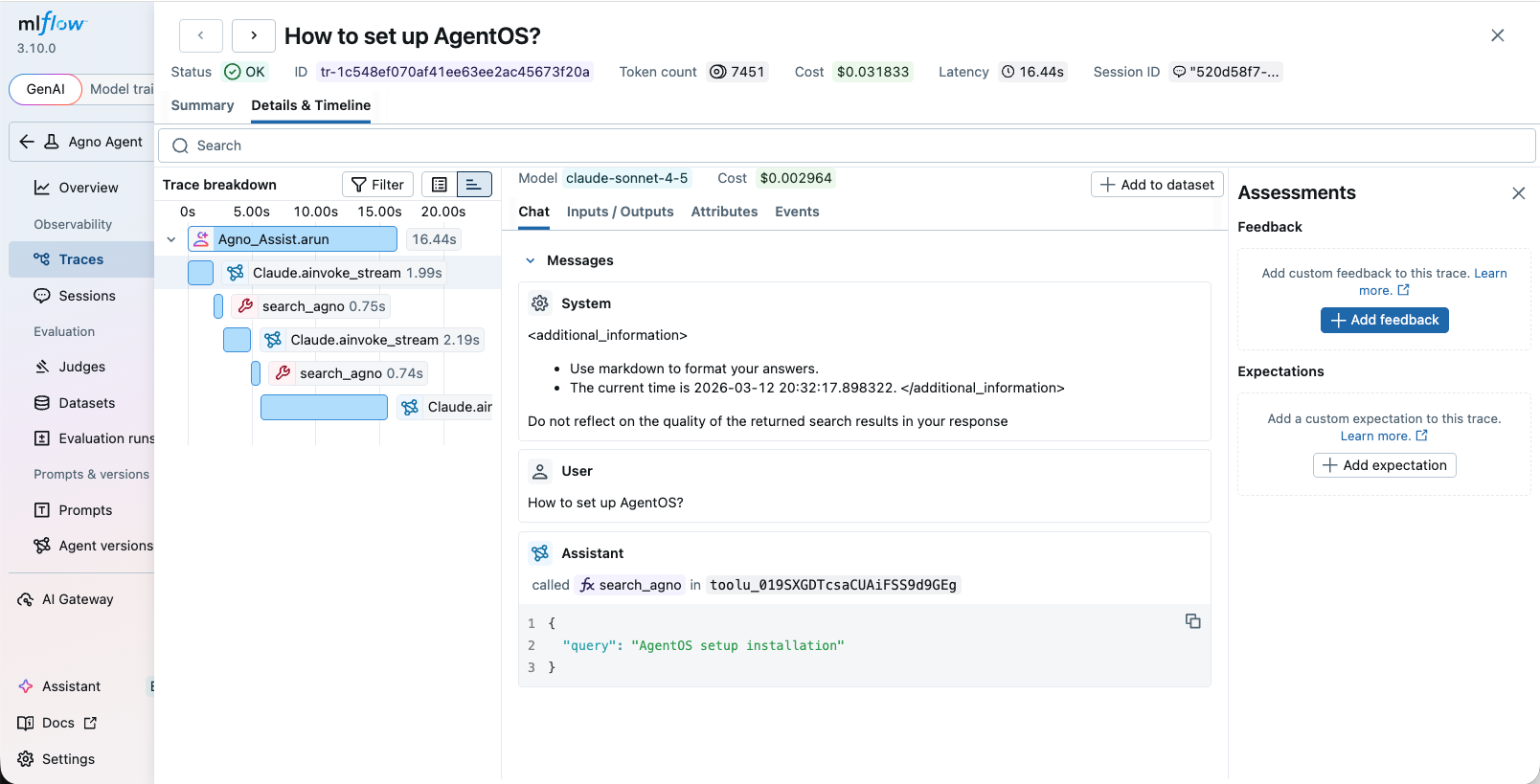 Agno traces in MLflow