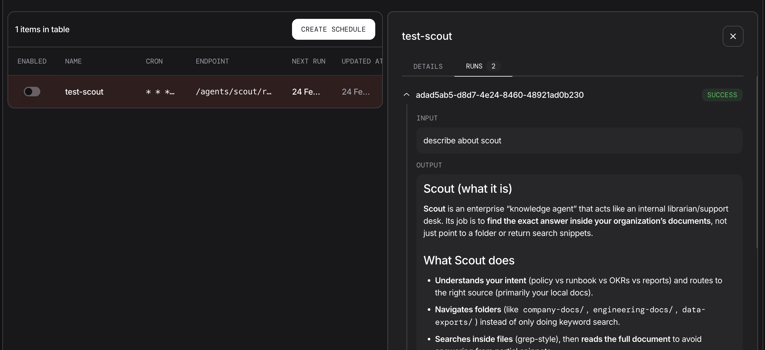 Schedule list with run history panel