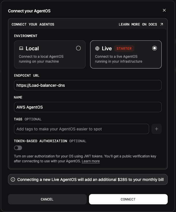 AgentOS connection dialog