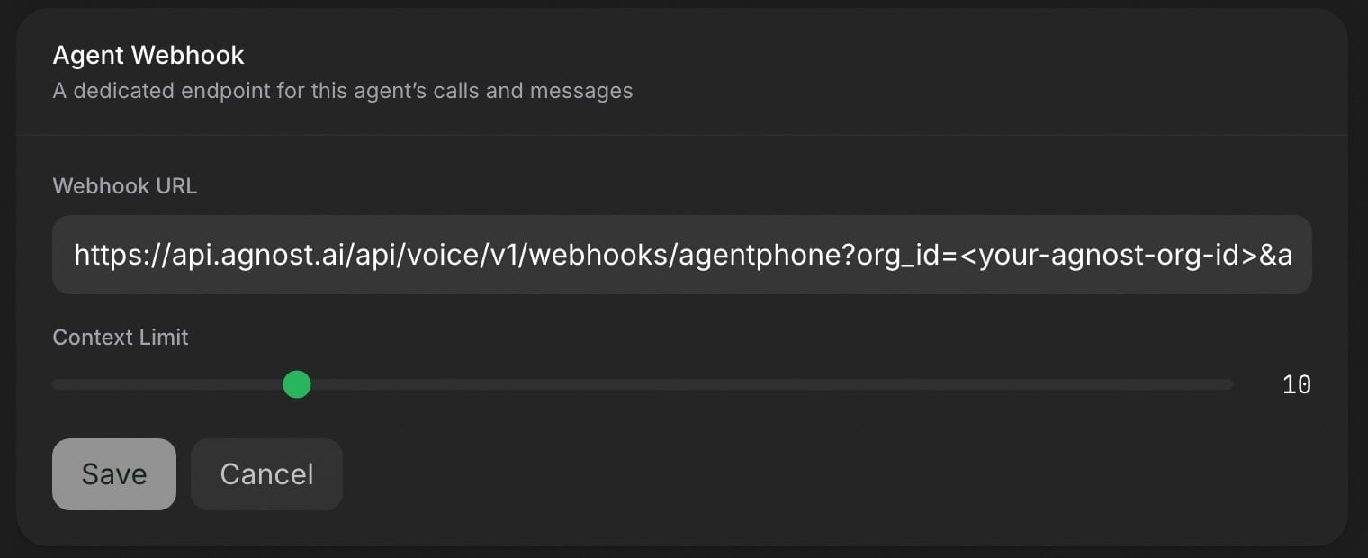 AgentPhone Connections tab with the Agnost URL in the Agent Webhook URL field